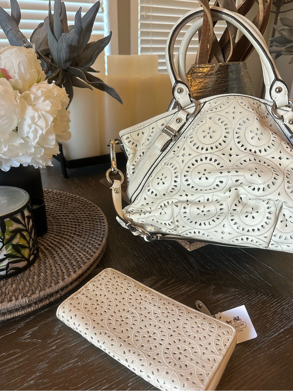 Coach Madison Parchment White Floral Laser Cut Leather Satchel and Wallet Set